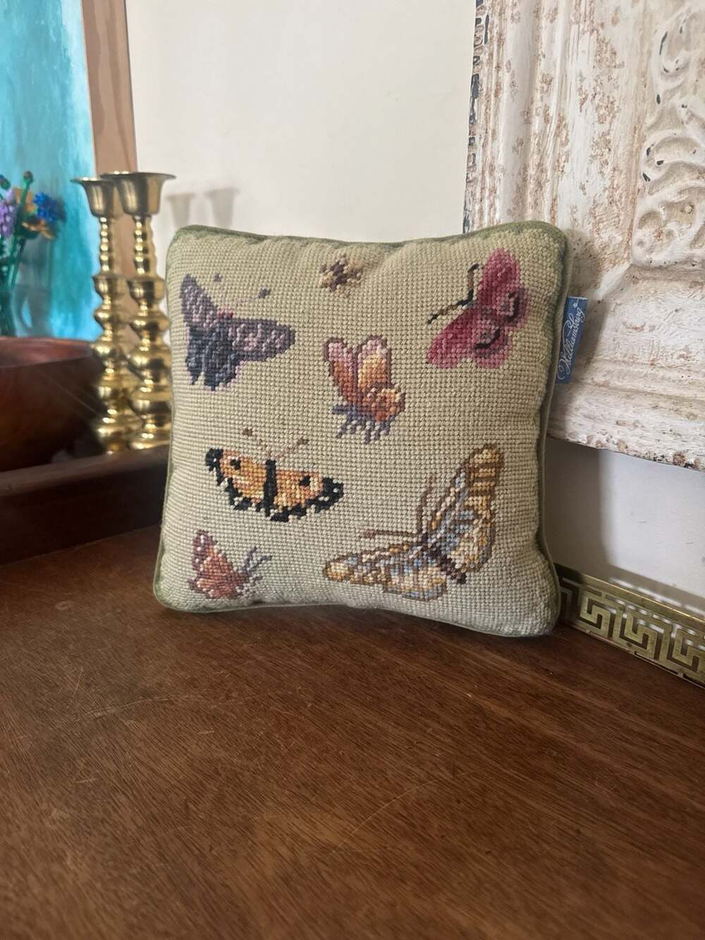 Williamsburg Butterfly Needlepoint Pillow with Green Velvet Backing